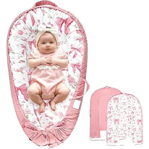 Baby Lounger Cover for Boys Girls, Reversible Baby Nest Cover, Adjustable Baby Lounger Replaceable Cover for Infant Newborn, Portable and Machine Washable, Cotton Pink Rose Cover Only