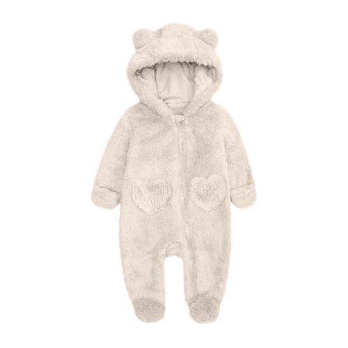 dazeni Newborn Baby Fleece Outfit Cozy Fuzzy Fleece Onesie Cute Teddy Bear Hooded Jumpsuit Solid Winter Romper Snowsuit Beige 6 Months