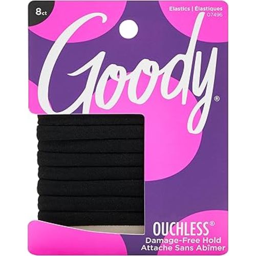 Goody Ouchless Seamless Hair Elastics, 8 Ct, Black, Damage-Free Gentle Hold Elastic Ties, No Snag or Pull, For All Occasions, Chic Styling Accessories for Women & Men, All Hair Types