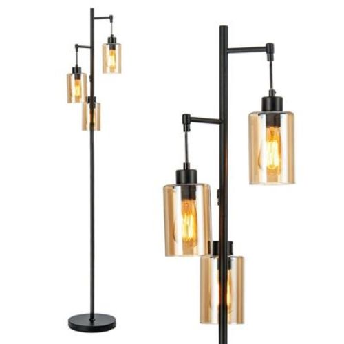 Costway Freestanding Floor Lamp Retro Floor Lamp w/3-Head Hanging Amber Glass Shade