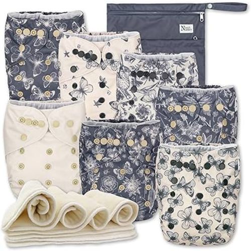 Nora's Nursery Cloth Diapers 7 Pack with 7 Inserts & 1 Wet Bag - Waterproof Cover, Washable, Reusable & One Size Adjustable Pocket Diapers for Newborns and Toddlers - Country Garden