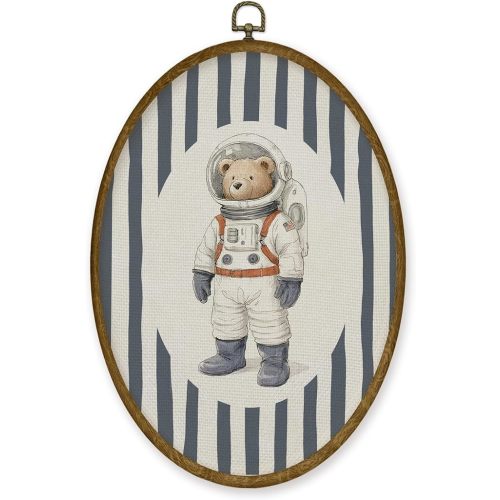 JMENGSSFL Vintage Bear Space Nursery Oval Wall Art Decor, Kids Room Canvas Prints, Blue Striped Astronaut Bear Adventure Framed Wall Art for Kids Baby Toddler Boy Room Playroom Decor, 8.6x11.4 Inch