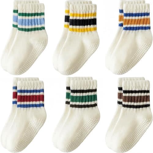 Baby Non-Slip Socks 6 Pairs, Anti-Skid Gripper Socks for Infants Toddlers Cute Striped Breathable Cotton Socks