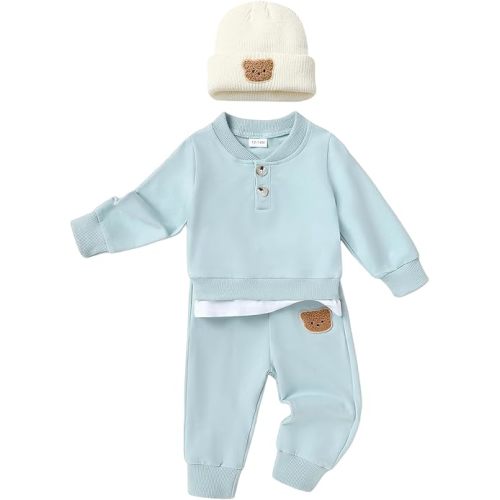 YOUNGER TREE Toddler Fall Outfits Baby Boy Sweatshirt Top Sweatpants Set Cute Sweatsuit for Boy Winter Clothes with Hat