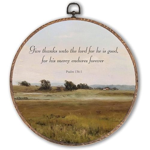 Lengues Give Thanks unto The Lord Round Wall Art Decor, Bible Verse Round Wall Decor, Cottagecore Landscape Canvas Framed Art Prints, Inspirational Scripture Hanging Frame for Room Bedroom 10x10 Inch