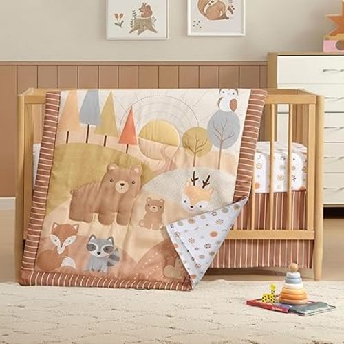 The Hōmistry 3-Piece Crib Bedding Set for Boys and Girls - Reversible Quilt, Fitted Sheet, Crib Skirt - Soft, Breathable & Durable Microfiber Baby Crib Bedding Set - Sunny Woodland Theme