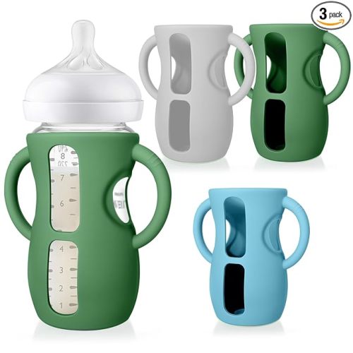Juome Silicone Sleeves with Handles for Avent Natural Glass Baby Bottle 8oz | 3 Pack Anti Breakage Holder for Phillips Avent Baby Bottles, Compatible with Philips Avent Anti Colic Baby Bottles