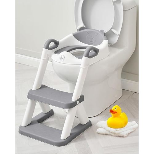 Forbena Toddler Potty Training Seat with Step Stool Ladder, Toilet Potty Seat for Baby Boys Girls Toddlers, Kids Chair Stairs with Handles and Soft Cushion (White and Grey)