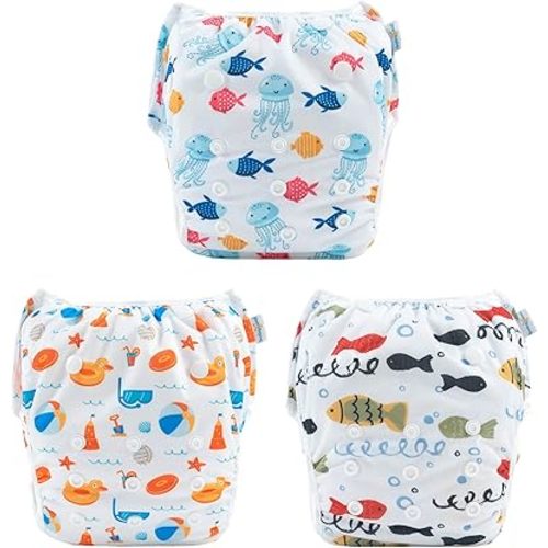 Babygoal Swim Diapers 3 Pack for 8M-3T Babies and Toddlers, Reusable Adjustable Washable for Baby Girl and Boy Swimming Lessons-Fish,Duck