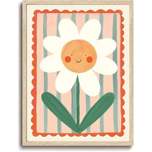 KISSFOX OAK Wood Framed Wall Art Sunflower Wall Decor Floral Canvas Art Colorful Pictures Cute Paintings Sweet Artwork Boho Prints For Nursery Kids Children Playroom Boys Girls