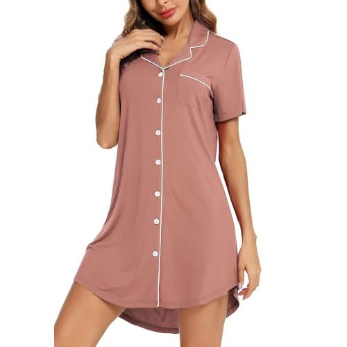 Samring Pajama Nightgown for Women Short/Long Sleeve Button Down Nightwear Top Boyfriend Sleep Shirts Nightdress S-XXL