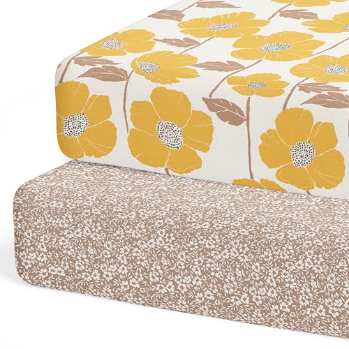 Crib Sheets Neutral - Fitted Baby Crib Sheets Bed for Girl Boy - 2 Pack Standard & Toddler Mattress (Poppy Fields) - Buttery Soft Organic Cotton Blend