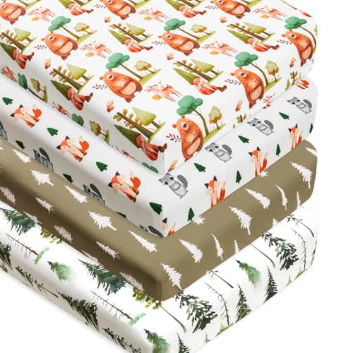4 Pack Woodland Forest Animals Wood Neutral Unisex Fitted Baby Crib Sheets Set for Baby Boys or Girls Black and White