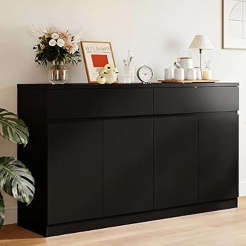 63" Large Buffet Sideboard with Storage,Kitchen Buffet Storage Cabinet with 2 Drawers and 4 Doors,Modern Coffee Bar Cabinet with No Handles,Sideboard Buffet Table for Living Room(Black)