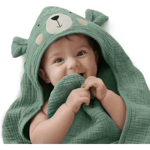 Blissful Diary Muslin Baby Hooded Towel, Soft and Absorbent Bath Towel for Newborn, Infant, Toddler, Unisex, 32″x32″ - Smart Bear