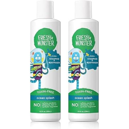 Fresh Monster 2-in-1 Natural Shampoo & Body Wash for Kids, Toxin-Free, Hypoallergenic, Ocean Splash (2 Pack, 8.5oz/each)