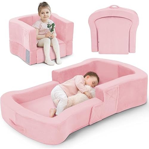 Toddler Travel Bed, 2-in-1 Foldable Portable Toddler Bed Sofa Chair, Soft Baby Kids Travel Floor Cot with Washable Covers Safety Foam Raised Bumper for Camping Hotel Sleeping (Pink)