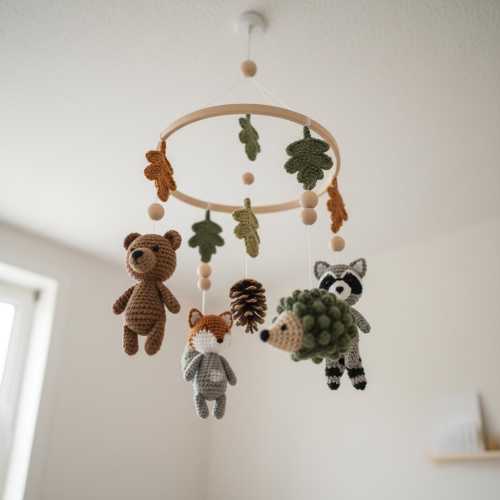 Crochet Woodland Nursery Mobile, Forest Animal Baby Crib Mobile Decor, Handmade Bear Fox Raccoon Hedgehog, Baby Shower Gift