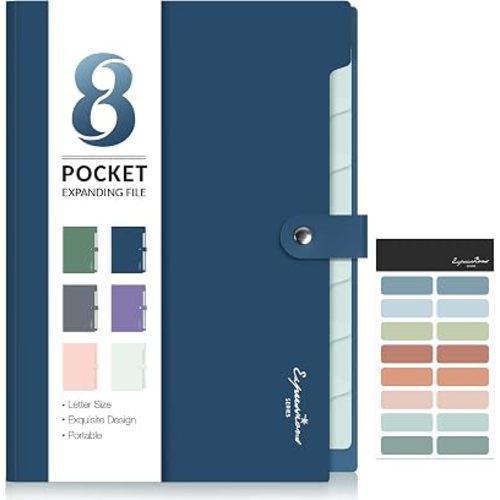 Sooez Elegant Accordion File Organizer with Labels, 8 Pocket Expanding File Folder, Portable Folders for Documents, Cute Paper Organizer for School Office Supplies, Letter Size, Blue