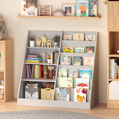 Latitude Run® Bookshelf And Toy Storage Organizer, Multifunctional 4 Tier Wooden Book Shelf With Bookcase Display Stand In Room Playroom Nursery For , , Toddlers (Gray) | Wayfair