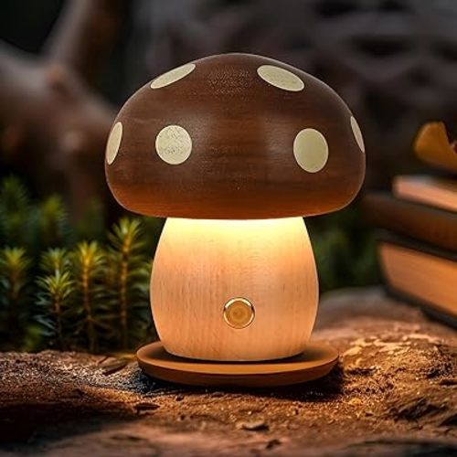 LED Wooden Mushroom Lamp, Rechargeable Battery Operated Portable Cordless Touch Switch Small Lamp, Stepless Dimming Night Light for Birthday Gifts