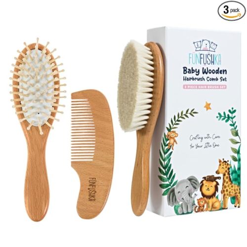 Baby Hair Brush Set for Newborns & Toddlers - Baby Brush and Comb Set - Ultra Soft Goat Hair Bristles, Perfect for Cradle Cap, Newborn Showers & Registries Gift, Comb Brush for Girls & Boys (Walnut)