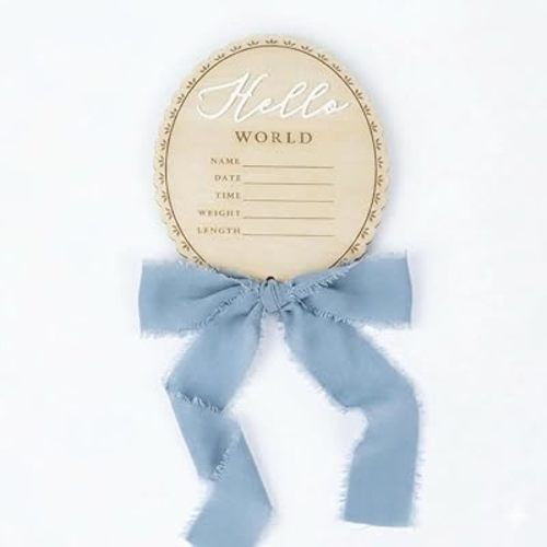 Hello World Newborn Sign - 6 Inch Baby Birth Announcement Sign with Bow, Milestone Sign for Baby Boy, Photo Prop at Hospital, Nursery Decor Keepsake, Welcome Newborn Arrival to World with Bow (Blue)