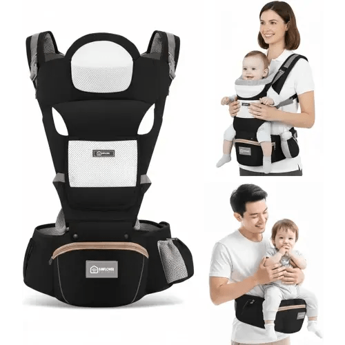 Ergonomic Baby Carrier with Detachable Hip Seat and Head Support, 6 in 1 Ergonomic Baby Carrier M-Shape Design for Newborn to Toddler, Adjustable Shoulder Strap, Bottle Holder & Storage Pocket - Black