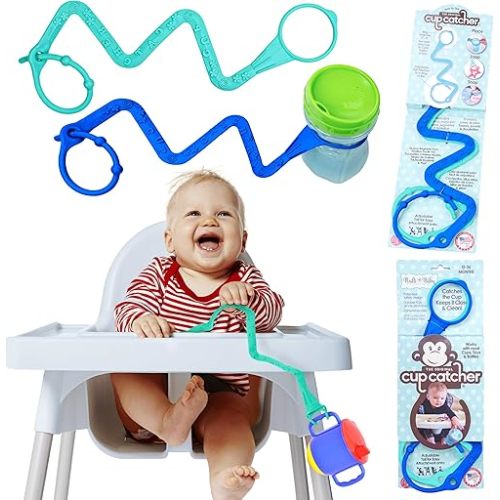 Brilli Baby Cup Catcher Patented Safety Tether Strap, Attach Sippy Cups, Bottles, Pacifiers & More to Stroller, High Chair, Car Seat, Made in USA, Food Grade, Dishwasher Safe (Aqua & Navy)