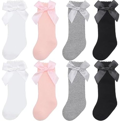 8 Pairs Baby Girl Knee High Socks with Bow Ruffles Toddler Soft Cotton Long Tube Stockings,0-12 Months