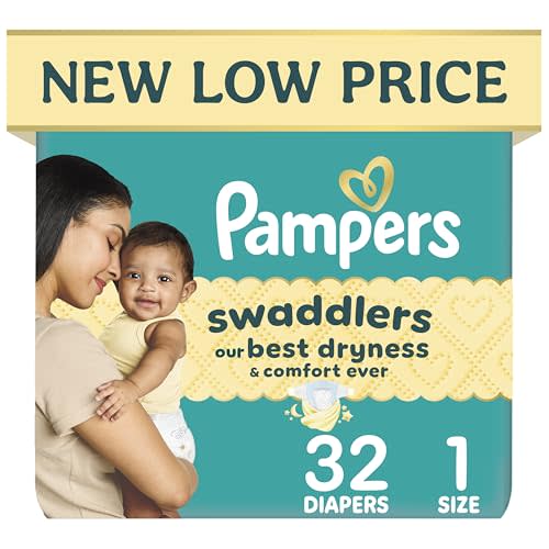 Pampers Swaddlers Diapers, Size 1 (8-14 lbs), 32 Count, Hypoallergenic, Absorbent, Keeps Baby Dry and Comfortable, Skin Safe Disposable Newborn Baby Diaper