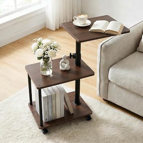 Rolling Side Table with Wheels, Adjustable End Table, Walnut-Look