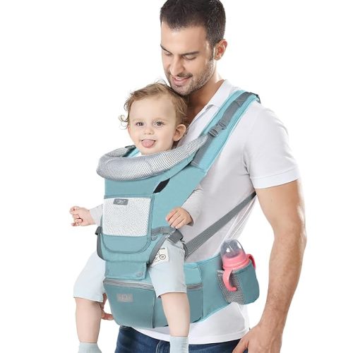 Baby Carrier Ergonomic Infant Carrier with Hip Seat Kangaroo Bag Soft Baby Carrier Newborn to Toddler 7-45lbs Front and Back Baby Holder Carrier for Men Dad Mom (Blue)