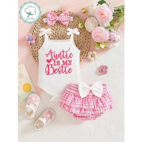 New Fashion Baby Girls' Summer 3pcs Set, Including Suspender Top, Hair Band And Bow-Knot Decorated Bloomers