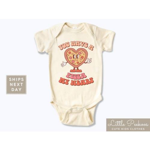 You Have a Pizza My Heart Baby Onesie®, Retro Cartoon Heart Funny Pizza Natural Kids Shirt, Cute Toddler Valentine&#39;s T-shirt or Raglan Tee