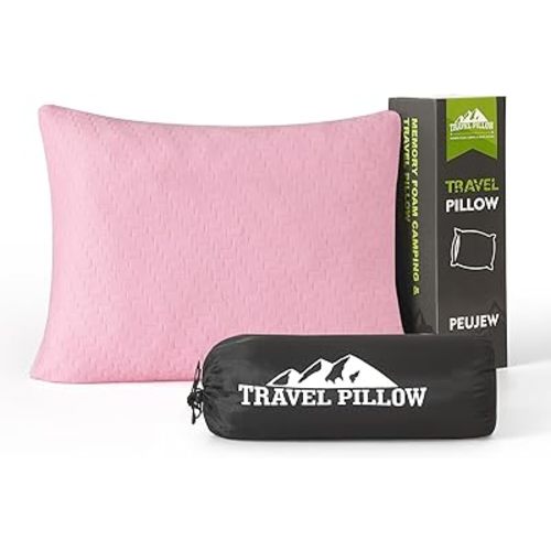 Small Shredded Memory Foam Pillow, Camping Pillow Travel Pillow - Compressible Medium Firm, Breathable Cover, Ideal Backpacking Hiking, Airplane and Car (Apricot Pink, M)
