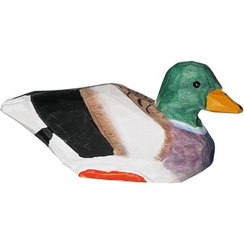 Wood Mallard Duck Figurine 3.8" L Hand-Carved Mini Duck Decoy Hunting Lodge Decor Realistic Duck Cake Topper Rustic Home Accent Gifts