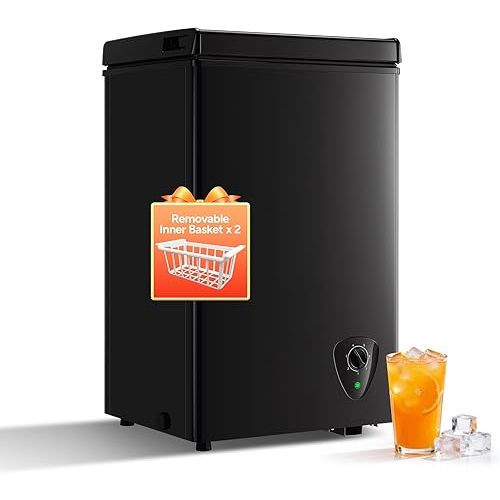 Compact 2.2 Cu.Ft Wanai Chest Freezer with 2 Removable Baskets, Mini Deep Freezer Adjustable 7 Thermostat with Top-Open Door for Home Kitchen, Black