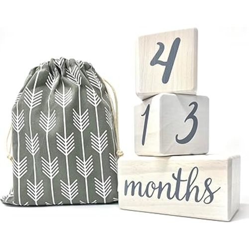 Pondering Pine Baby Milestone Blocks - Natural White Stain Pine Wood with Weeks Months Years Grade - Milestones Age Block Set with Bag, Newborn Weekly Monthly First Year Picture Props, Earth Friendly