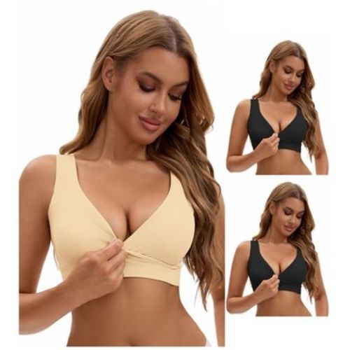 INSPIRE CHIC Nursing Bra for Women's Crossover Push Up Wirefree Sleep Breastfeeding Maternity Bralette 3 Packs 2 Black and 1 Beige Medium