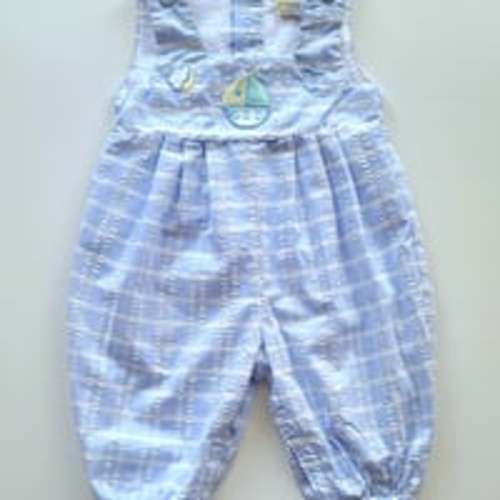 Vintage Boys Blue Plaid Seersucker Sailboat Bubble Romper 3-6 Months
