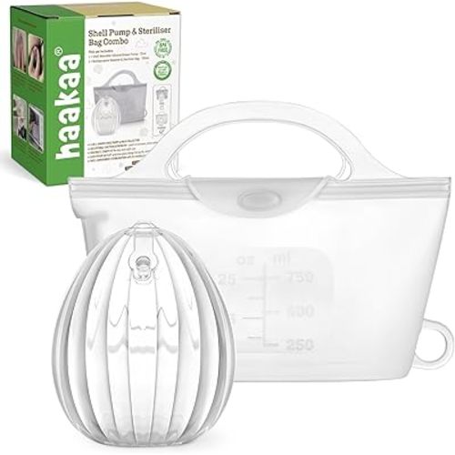 haakaa Wearable Silicone Breast Pump with Steriliser Bag, 2-in-1 Hands-Free Passive Breast Milk Catcher for Nursing Mom, Breastfeeding Essentials, 75ml Shell Pumps & 1 Steriliser Bag - Frosted