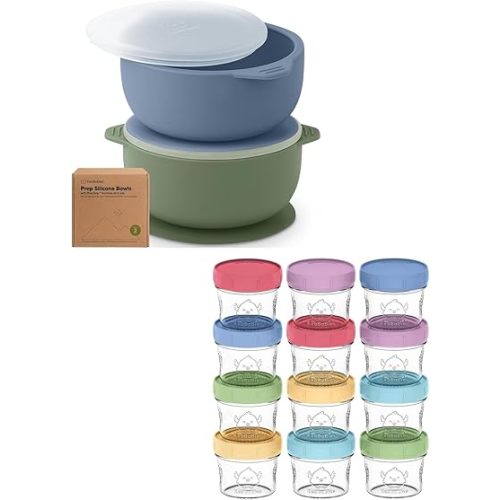 KeaBabies 2-Pack Silicone Suction Baby Bowls with Lids, 12-Pack Baby Food Glass Containers - BPA-Free, 4 oz Leak-Proof, Baby Storage Container