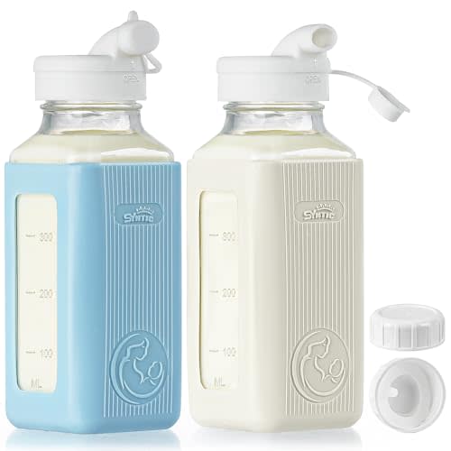Syntic 2 Pack 16 Oz Glass Breastmilk Storage Bottle with Airtight Lids & 2 Pour Spouts, Milk Storage Containers for Fridge with Clear Scales - Day/Night Milk Collection Bottles with Protective Case