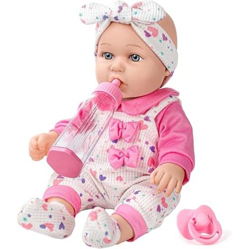 12" Baby Doll with Pink Bowknot Clothing Set,12 Inch Realistic Baby Dolls with Clothes and Accessories,Pacifier Bottle Toy Pretend Play Collection for 3+ Child Girls Gifts
