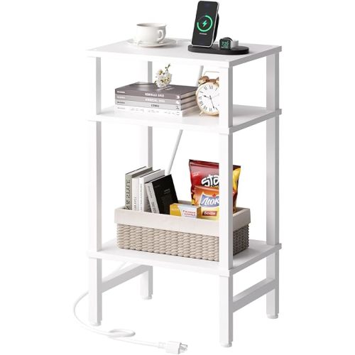 3 Tier End Table with Storage and Fast Charging Station, Tall Narrow Nightstand with Type C and USB Port, Small Side Table for Living Room, Bedroom, Office, Nursery, White