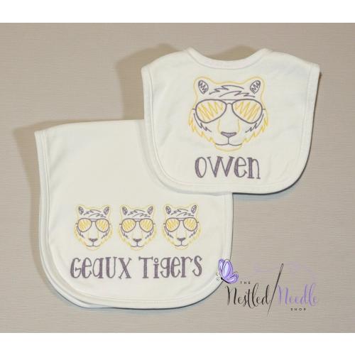 LSU Embroidered Baby Bib and Burp Cloth Set/Louisiana State Personalized Baby Bib/Tigers with Sunglasses Personalized Bib and Burp Cloth