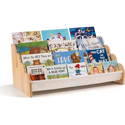 Puricon 4-Tier Kids Bookshelf, Wooden Bookcase Organizer for Toddlers with Deep Pockets & Wavy Edge, Decorative Front-Facing Sling Book Rack for Kids Rooms, Nursery, Playroom and Classroom -Beige