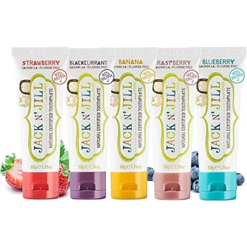 Jack N' Jill Natural Certified Toothpaste for Kids - Fluoride Free Kids & Toddlers Toothpaste, Gently Cleans Teeth, Helps Soothe Gums, 40% Xylitol, BPA Free - 1.76 oz (Variety Pack of 5)