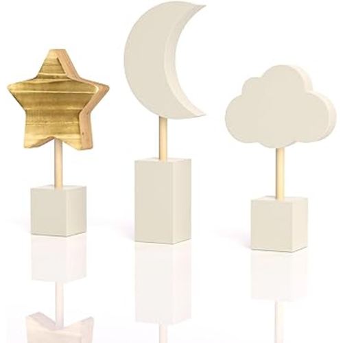 3 Pcs Wooden Moon and Stars Nursery Decor Boho Sky Cloud Nursery Shelf Decor Cute Children Baby Wall Decor for Nurseries Bedroom Kindergarten Classroom Playroom
